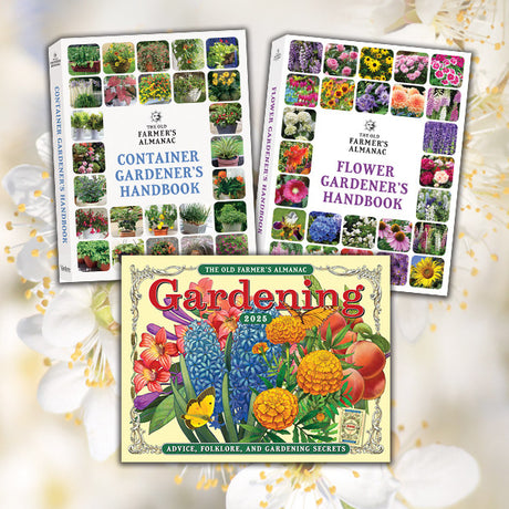 the products included in the Flower Gardener's Gift Set: the 2025 Gardening Calendar, the Container Gardener's Handbook, and the Flower Gardener's Handbook