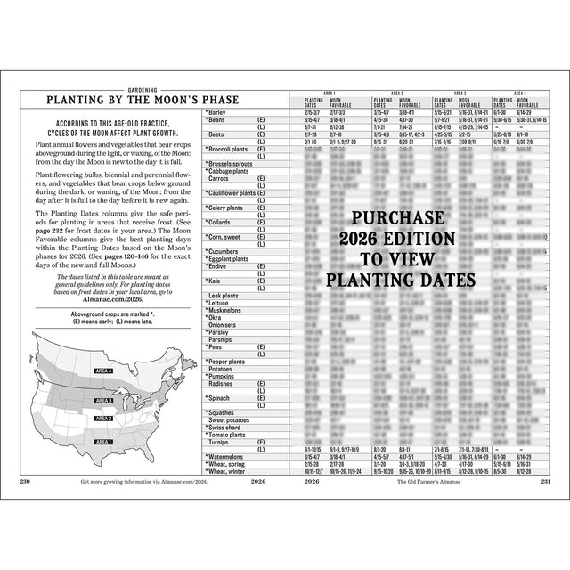 Calendar or chart for planting by the moon's phase with text and a map of the United States.