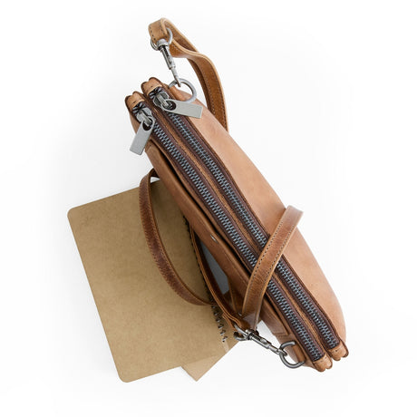 Brown leather crossbody bag with multiple zippers on a white background