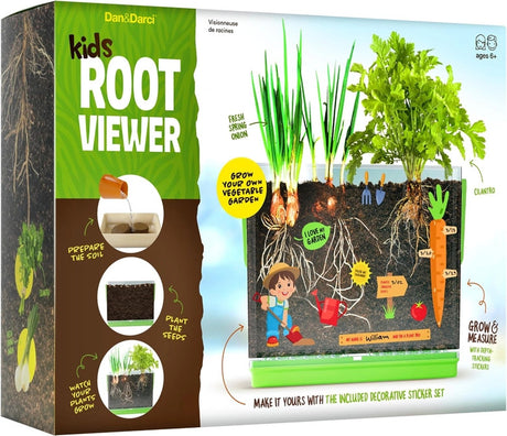 Kids Root Viewer package showing a clear planter so the root systems and growth are visible along with the gardening elements in the box