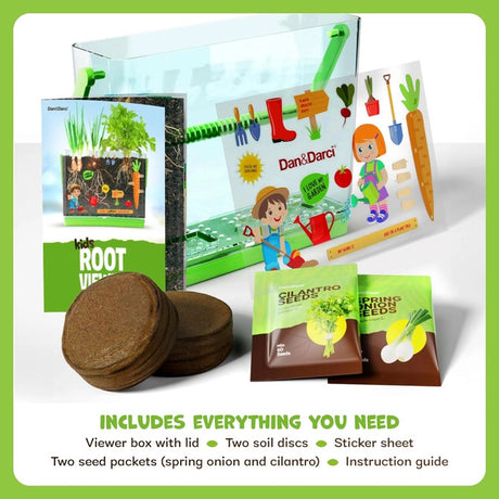 everything that's included in the box: viewer box with lid, two soil discs, sticker sheet, two seed packets (spring onion and cilantro) and instruction guide