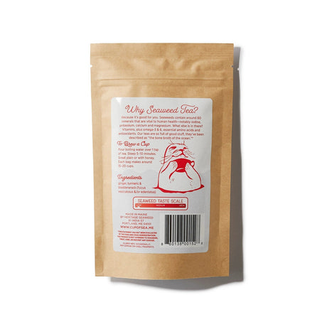 the back of the sailor's cure all seaweed tea package featuring seaweed health benefits, ingredients, brew guide, a graphic showing that this tea has a low seaweed tastse, and a graphic of a seal rising out of the sea holding a cup of tea