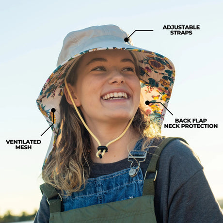 a model wearing the sun hat outdoors and smiling, her face shaded from the sun by the hat
