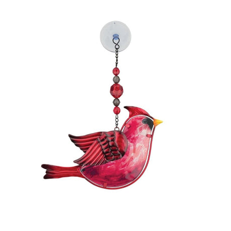 a charming red cardinal suncatcher with beaded chain hanging from a suction cup shown against a white background