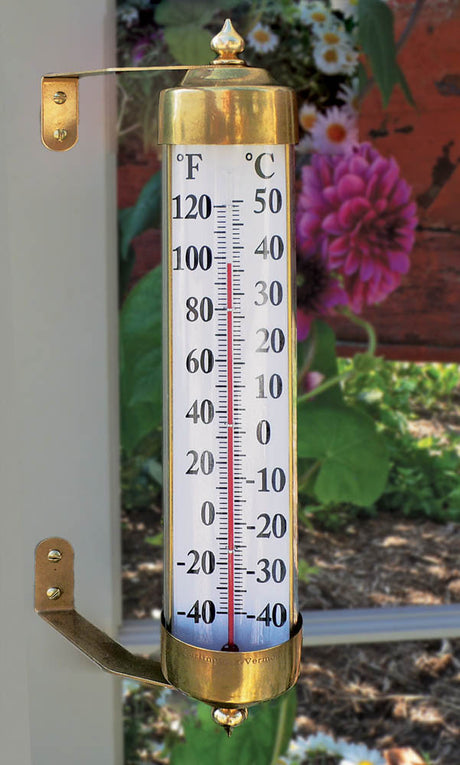 A Brass and reliable thermostat telling you the degrees and celsius of that day.