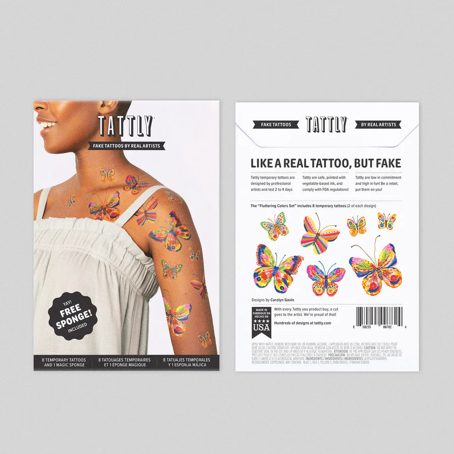side by side placement of the front and back of the fluttering colors tattoo sheet packaging