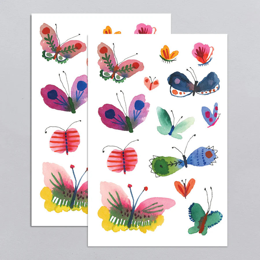 2 full sheets of the butterfly frenzy tempoary tattoo sheets showing all of the butterflies on the sheet