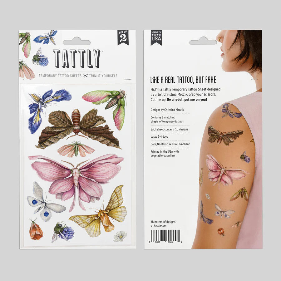 side by side placement of the front and back of the floraflies tattoo sheet packaging