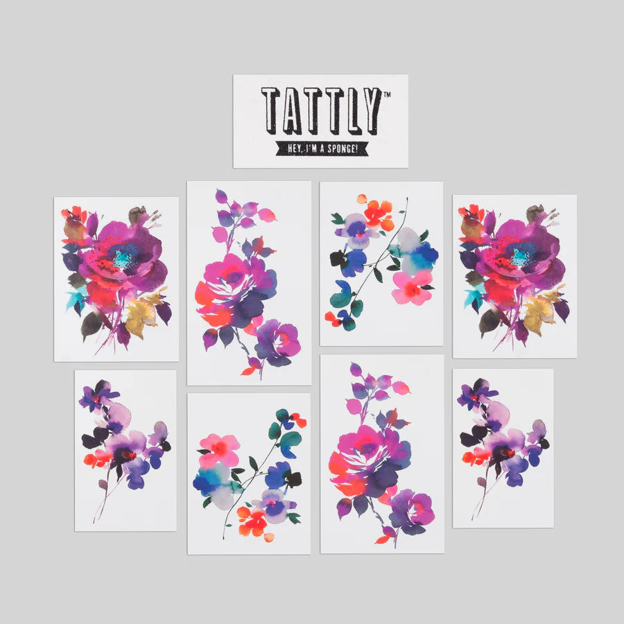 the whole set of 8 tattoos of the in bloom tattoo set - each is vividly colorful and painterly in style