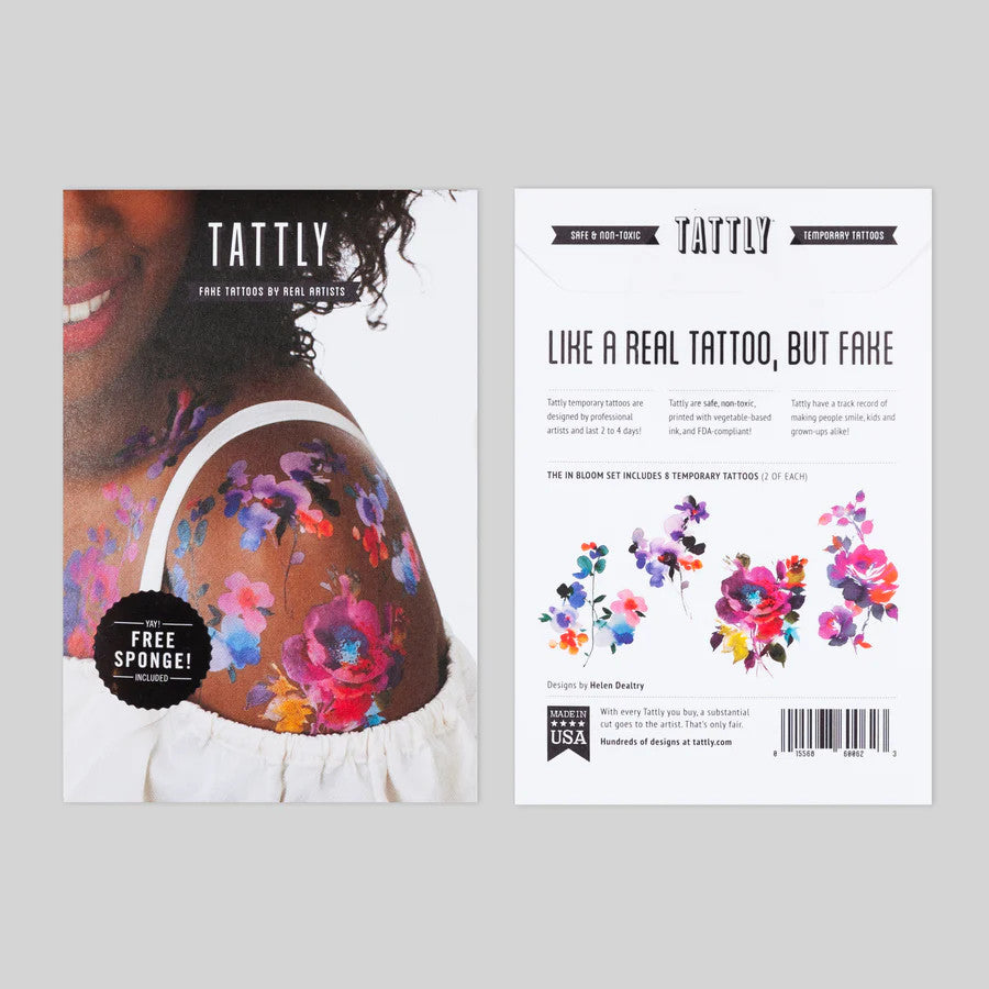 side by side placement of the front and back of the in bloom tattoo sheet packaging