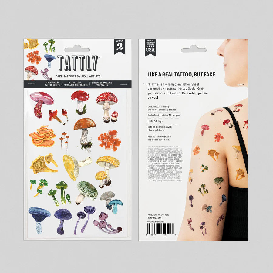 side by side placement of the front and back of the colorful mushrooms tattoo sheet packaging