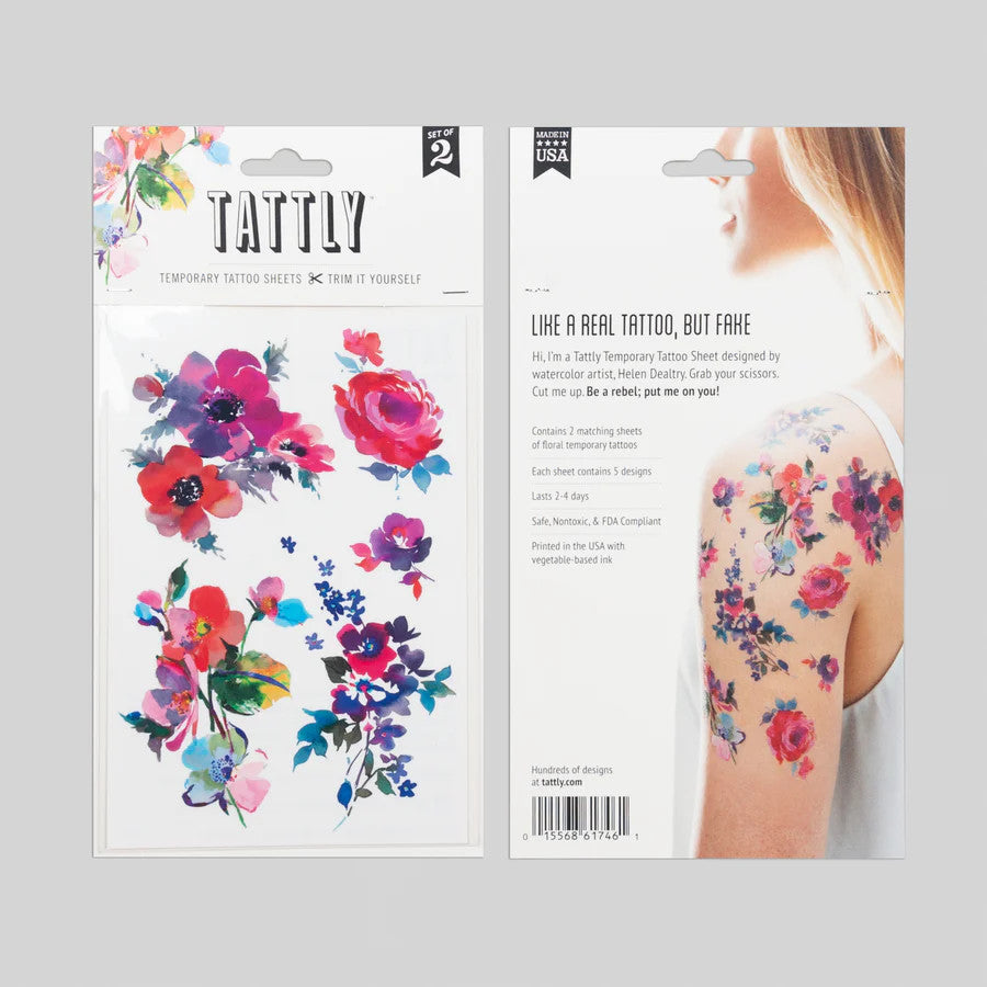 side by side placement of the front and back of the watercolor florals tattoo sheet packaging