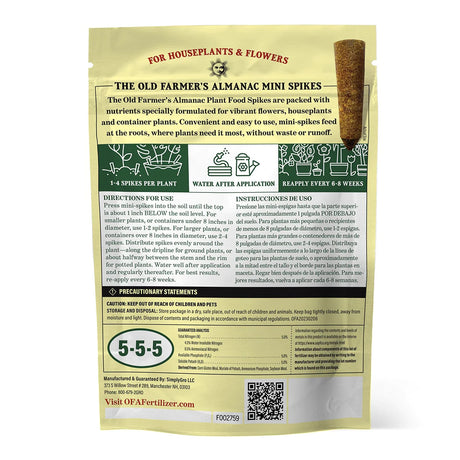 Packaging of The Old Farmer's Almanac Houseplant & Flower 5-5-5 Plant Food Spikes with product information and 12 mini spikes displayed.