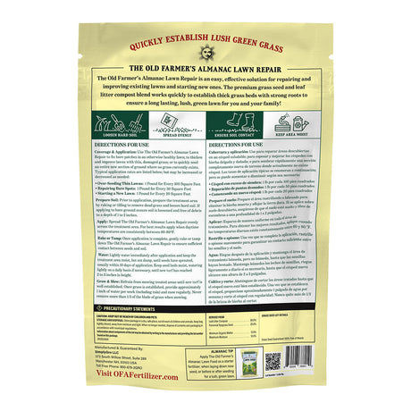 A bag of The Old Farmer's Almanac Lawn Repair Premium Grass Seed & Compost Blend, detailing product use and features.
