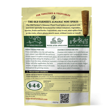 Packaging of The Old Farmer's Almanac Mini Spikes for tomatoes and vegetables, detailing product use and nutrient formula.