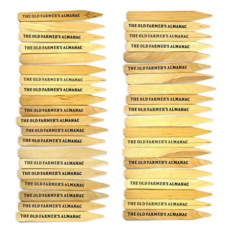 Wooden sticks with 'The Old Farmer's Almanac' text, arranged vertically.