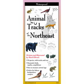 Cover of the folding guide titled 'Animal Tracks of the Northeast,' featuring illustrations of various animal tracks on a tan background with paw prints and guide title
