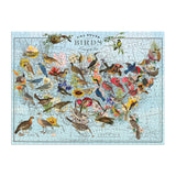 Jigsaw puzzle with birds and flowers in the shape of Iowa on a blue background