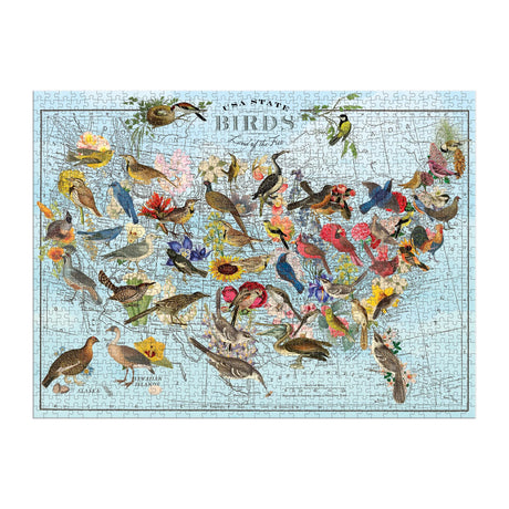 Jigsaw puzzle with birds and flowers in the shape of Iowa on a blue background