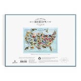 Jigsaw puzzle packaging featuring a map of the United States with birds on a white background