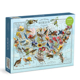Puzzle box featuring a map of USA state birds with colorful illustrations on a light blue background.