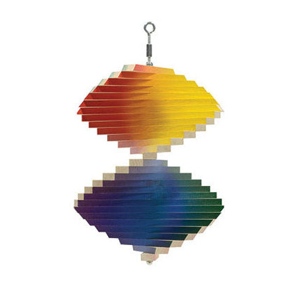 The image shows a colorful rainbow wind spinner with multiple layers of vibrant, concentric circles that rotate in the wind.