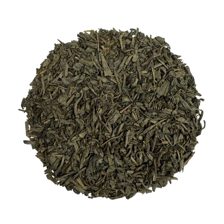 a heaping pile of loose green tea leaves